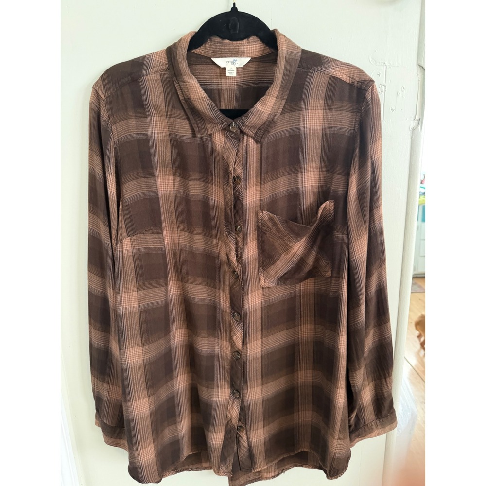 Terra & Sky Womens Brown Plaid Button Baggy Relaxed Long Sleeve Size 1X 16W-18W